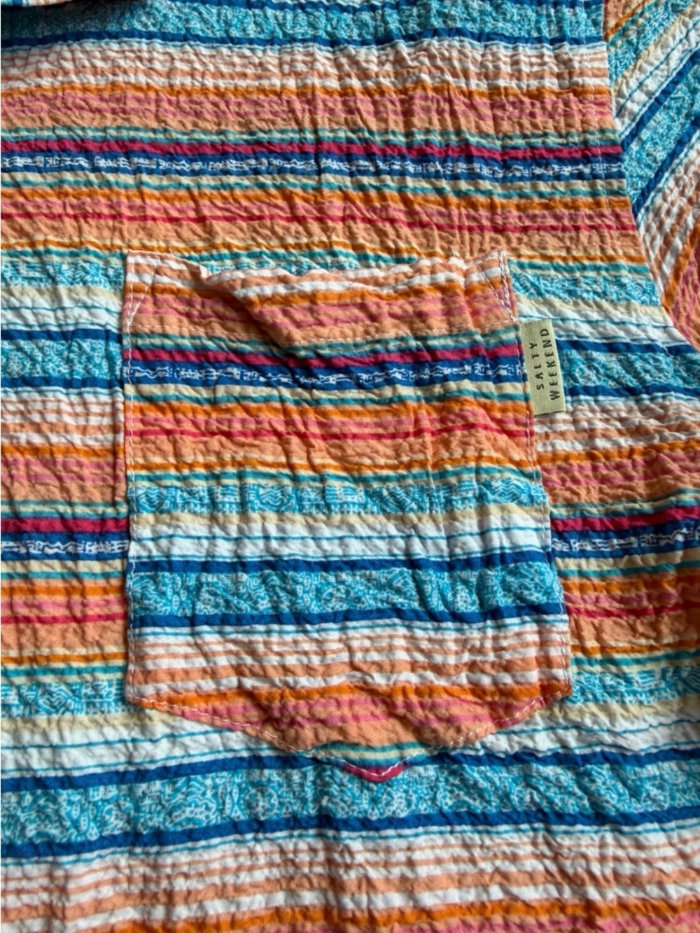 Salty Weekend Multicolor Striped Crinkle Seersucker Button Up Shirt M Festival - Picture 4 of 10
